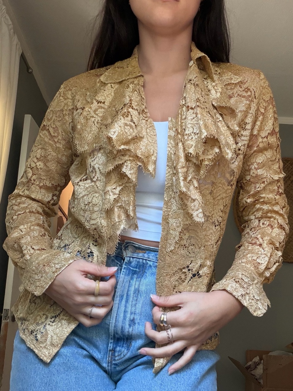Vintage Anne Klein Gold Shimmer Lace Ruffle Cardigan Blouse